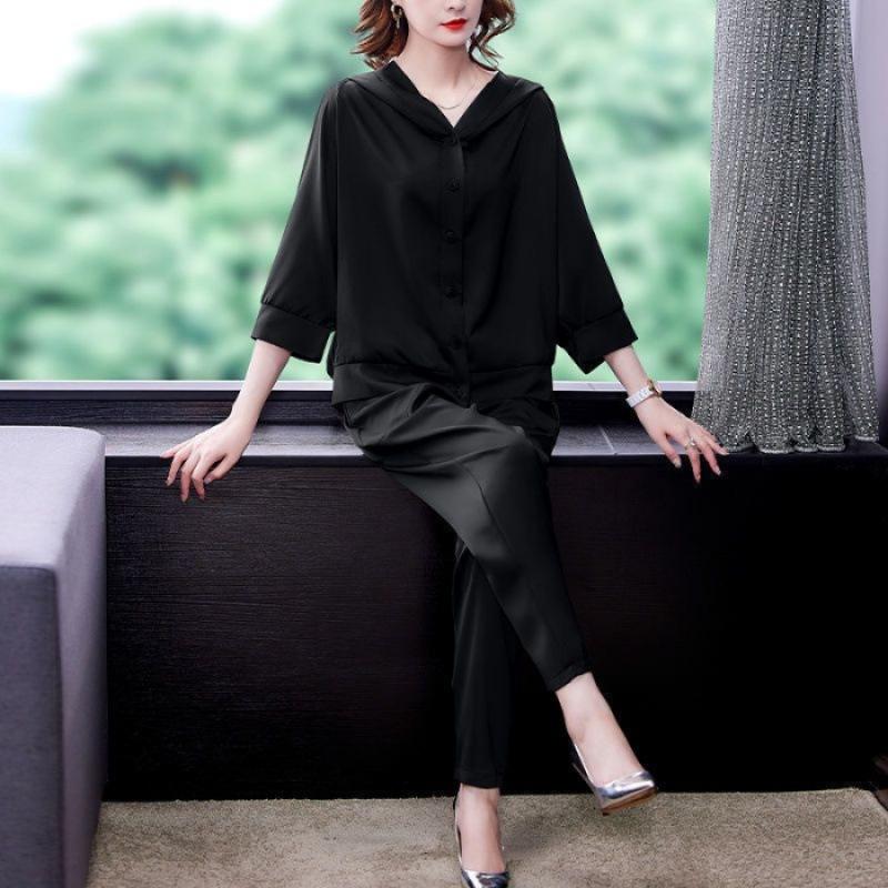 

Большой размер Короткий рукав Персональный Костюмный Топ Шаровары С Капюшоном Свободный Западная Мода Комплект из Двух Предметов Маме Тонкий S чёрный