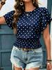 Women Polka Dot Print Round Neck Ruffled Short Sleeve Smocked Waist Casual T Shirt Top