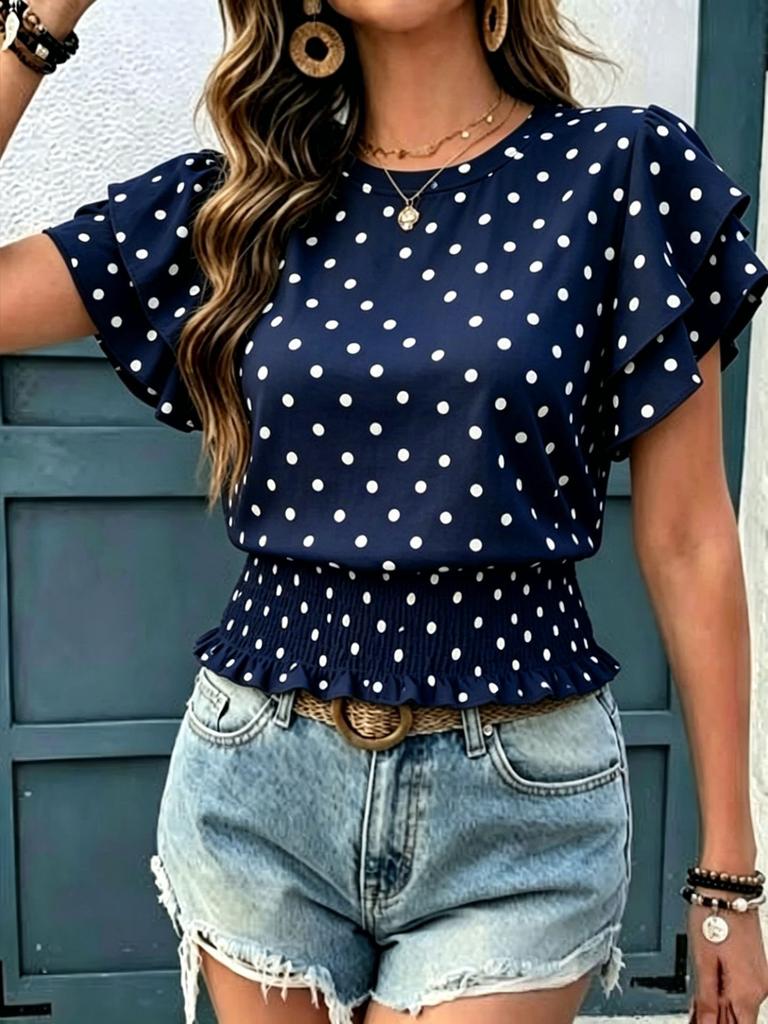 Women Polka Dot Print Round Neck Ruffled Short Sleeve Smocked Waist Casual T Shirt Top