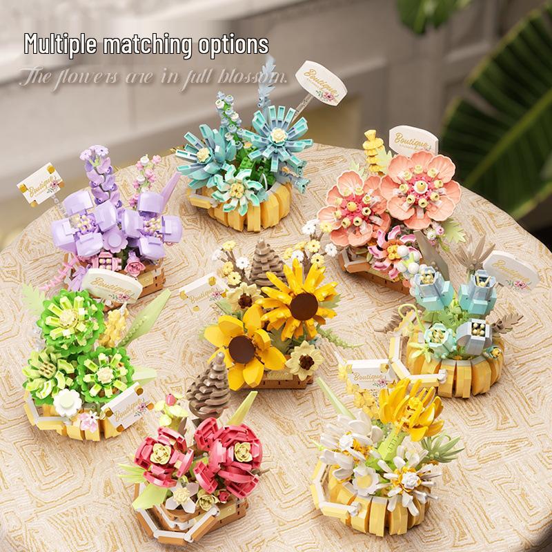 Flower Basket Series Micro-Particle Building Blocks: Sunflower & Succulent Potted Plants – Lego Compatible Toys