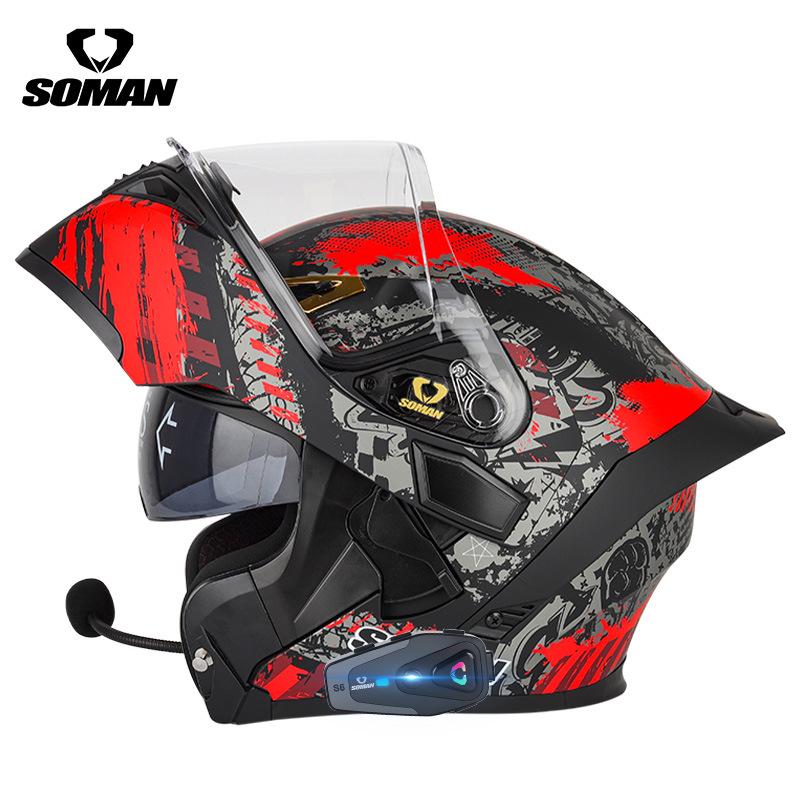 SOMAN Bluetooth Motorcycle Helmet with Double Lens and Flip-Up Design for All Seasons