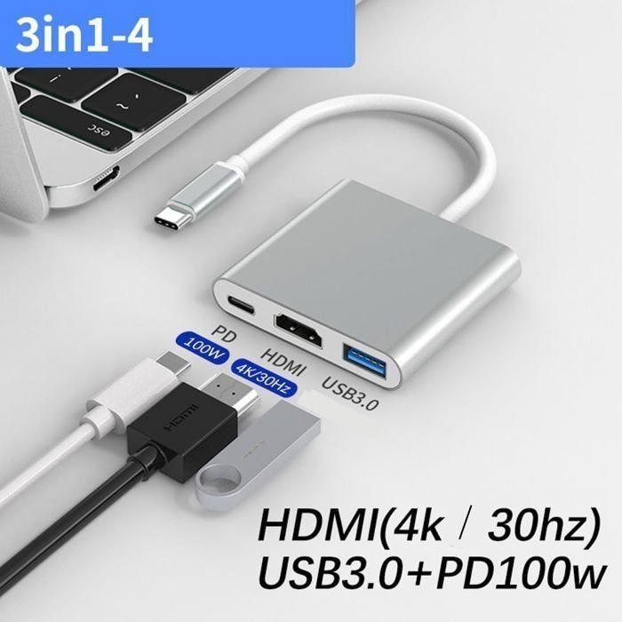 Adaptateur multiport USB-C - 3-en-1 - HDMI 4K - USB 3.0 - Charge PD 87W