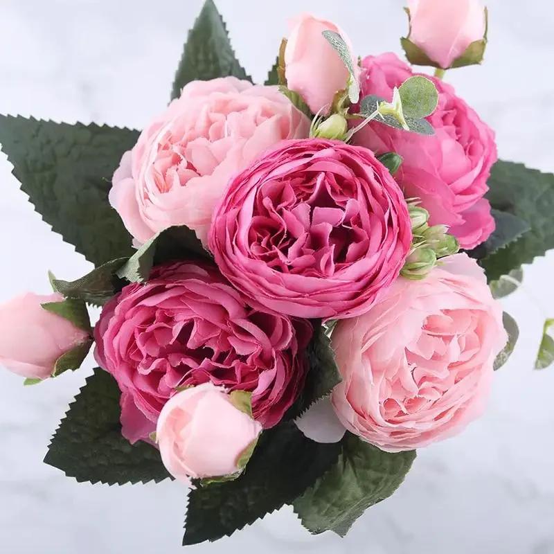 30cm Rose Pink Silk Peony Artificial Flowers Bouquet 5 Big Head Cheap Fake Wedding Decorate
