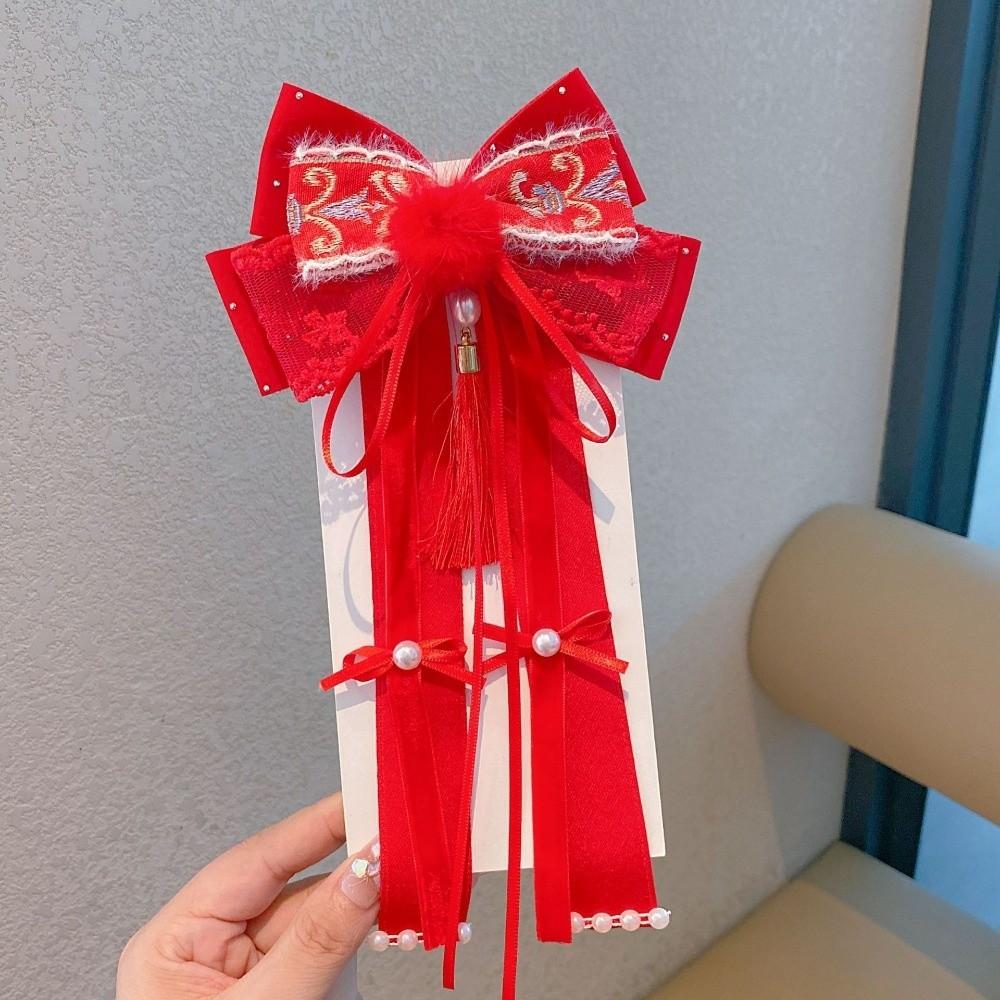 Red New Year Hairpin Ribbon Hanfu Hair Ornamen Holiday Bow Ribbon Hair Clip Festival