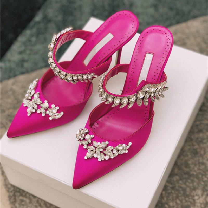 Fashion Couture! French Pointed Flat Sandal Rhinestone Goddess Fan Niche Design Sense High Heel Half Drag