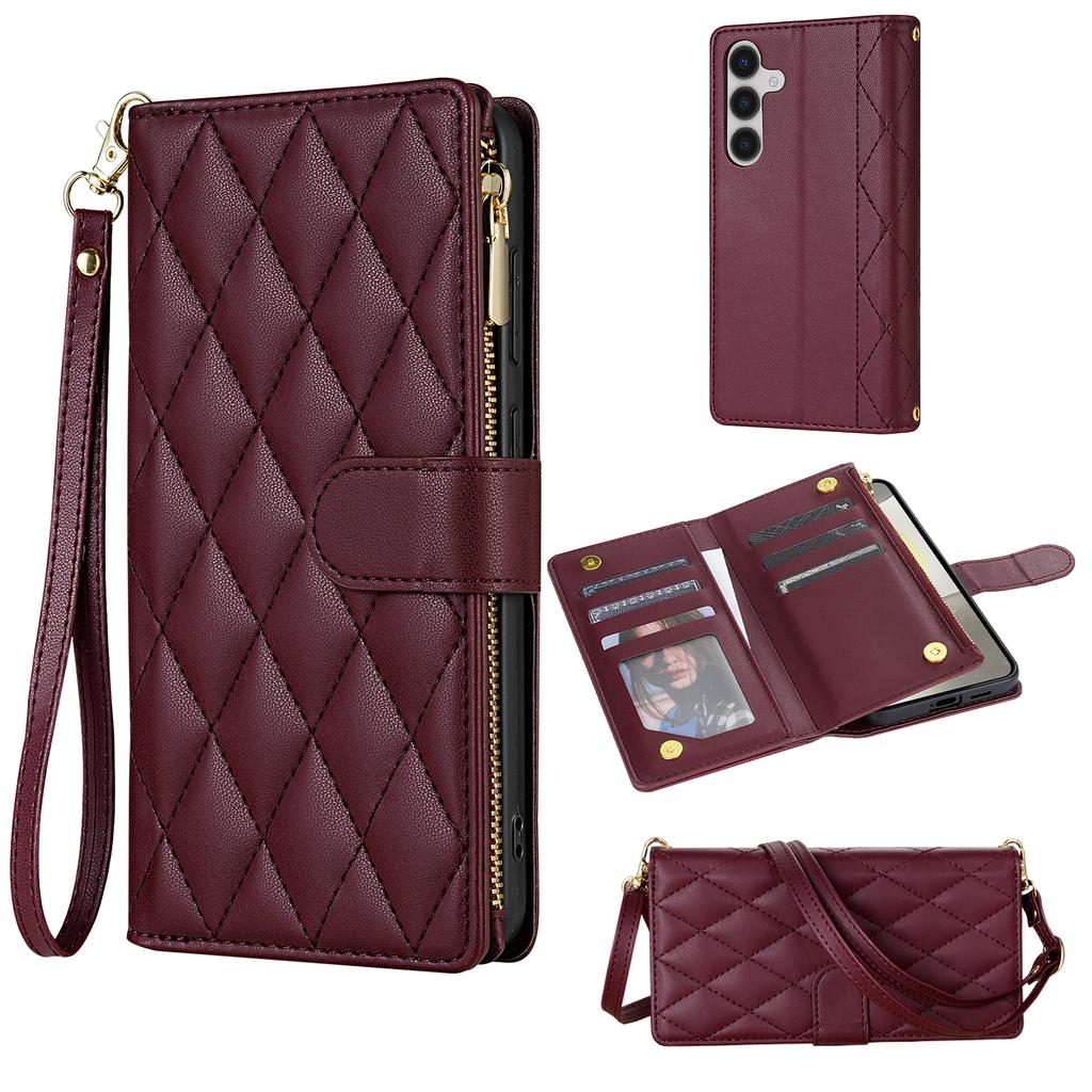 For Samsung Galaxy S26+ Case Rhombus Stitching Leather Wallet Phone Cover with Long / Short Strap