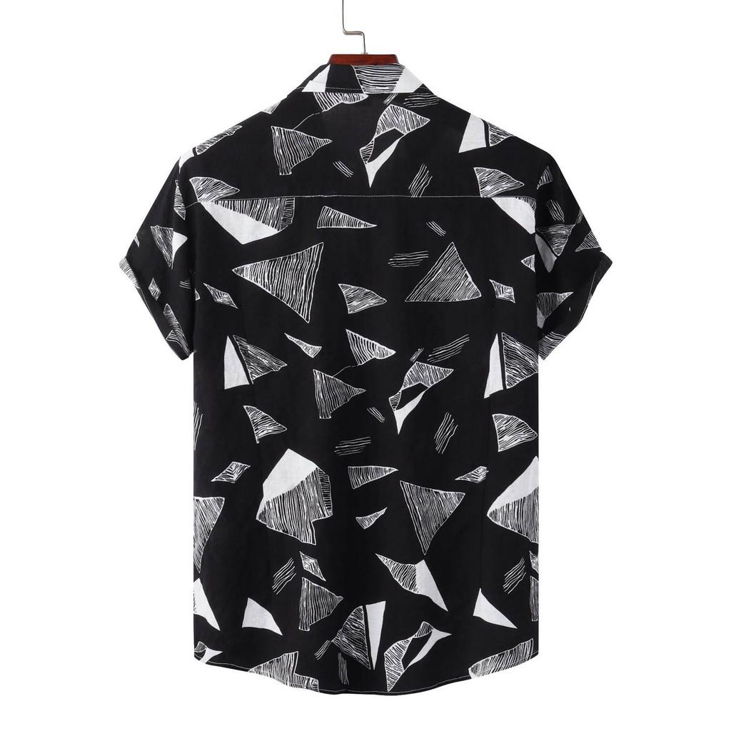 Men's Summer Casual Loose Resort Geometric Print Short Sleeve Top Beach Lapel Shirt