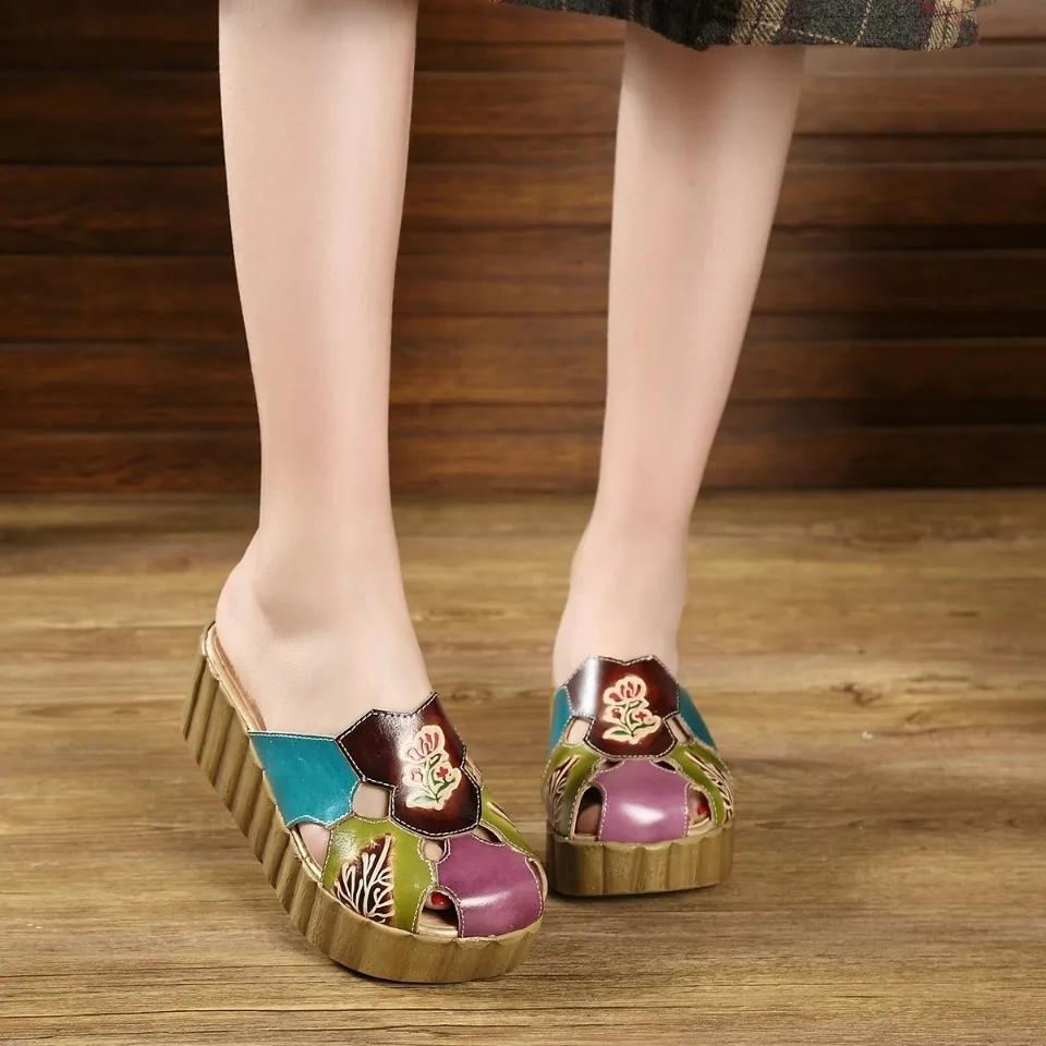 Fashion GKTINOO 2025 Wedge Slides Shoes Women Cover Toes High Heels Flower Sandals Summer Female Genuine Leather Platform Slippers