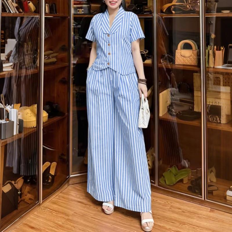 

ZANZEA Женская блузка с коротким рукавом и брюки Летние комплекты-двойки с полосатым принтом S