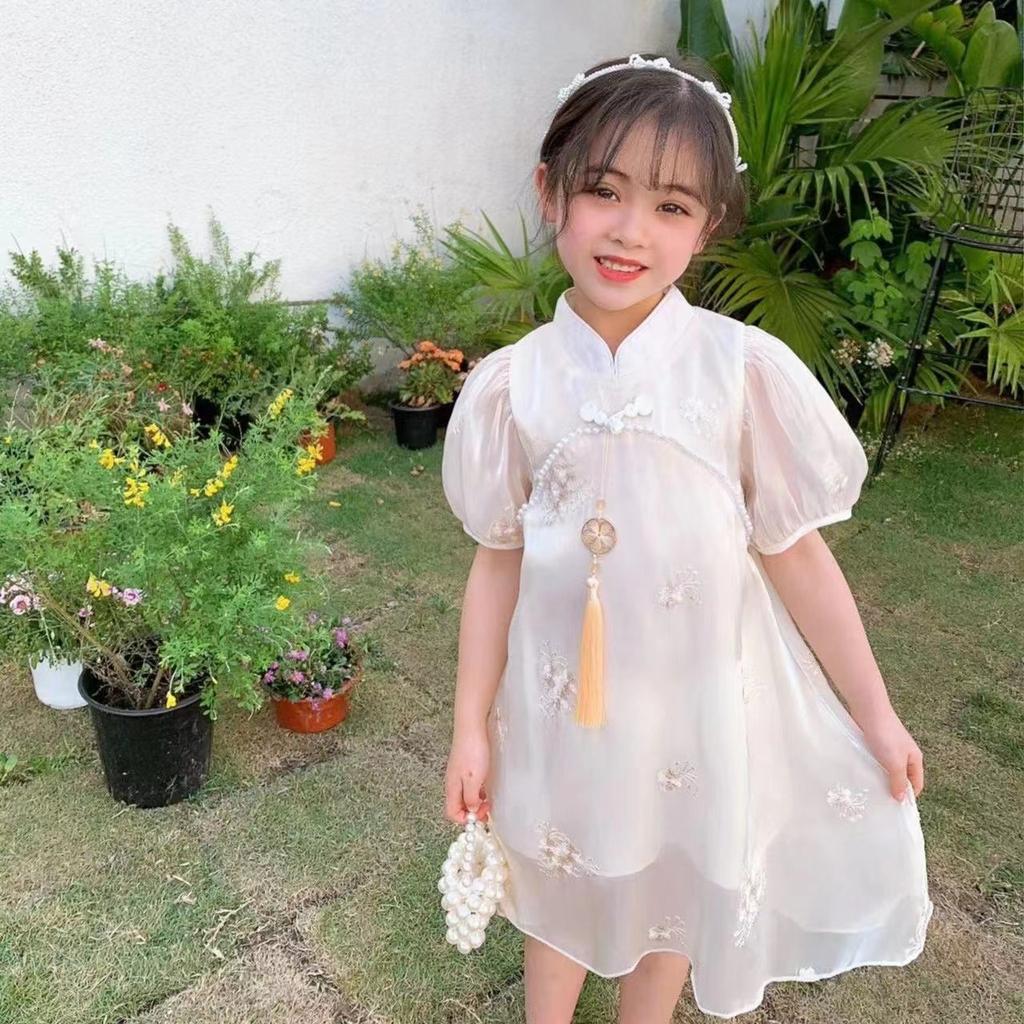 Girls Summer Thin Modified Cheongsam Dress Chinese Hanfu Mesh Princess Skirt Kids Elegant Traditional Party Gown