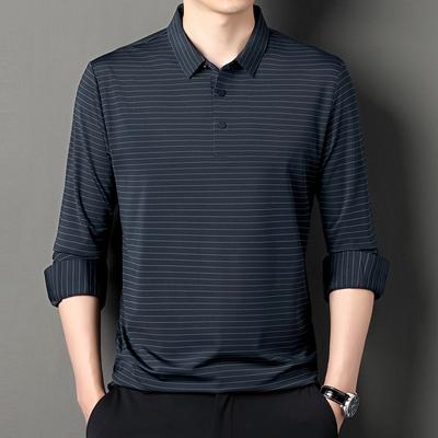 Langarm T-Shirt Herren Frühling und Herbst Neues Trendy Einfaches Nahtlos Gestreiftes Stretch Poloshirt