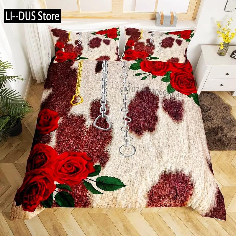 Cowhide Print Duvet Cover Queen Microfiber Western Farmhouse Animal Skin Fur Bedding Set 3pcs for Kids Teen Cow Quilt Cover