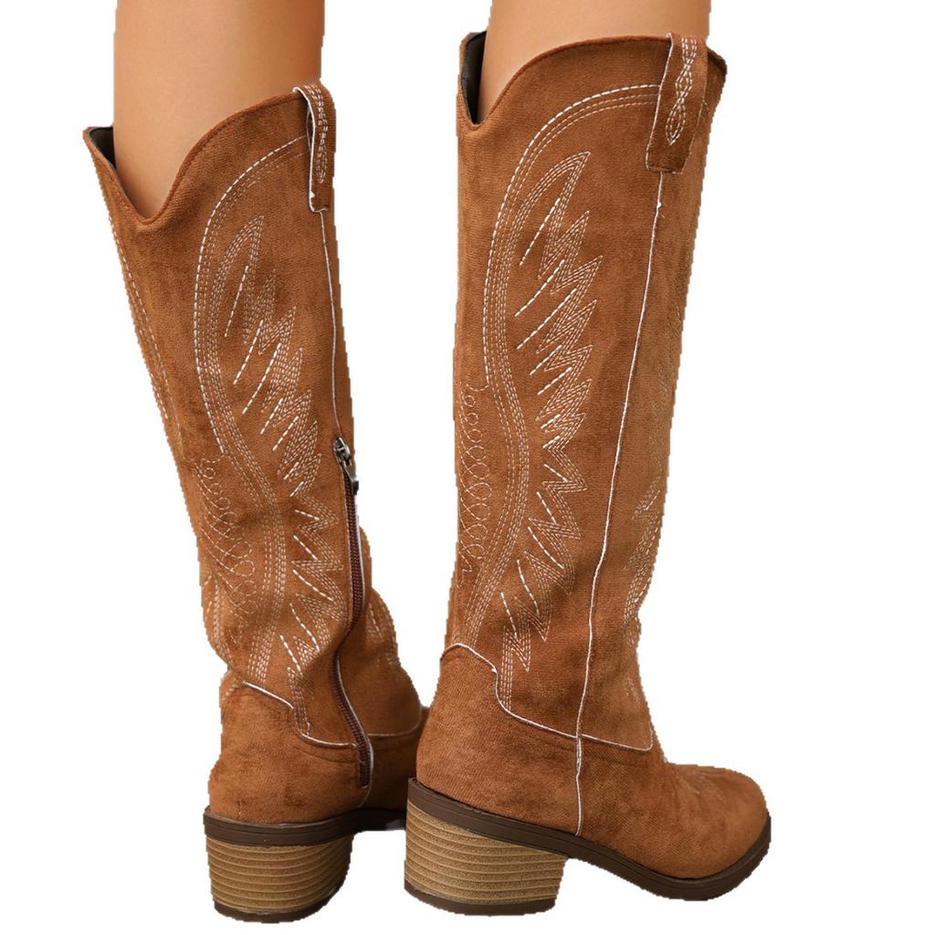 New large size retro embroidered V-mouth Martin boots women's autumn and winter thick heel boots foreign trade knight boots women's boots