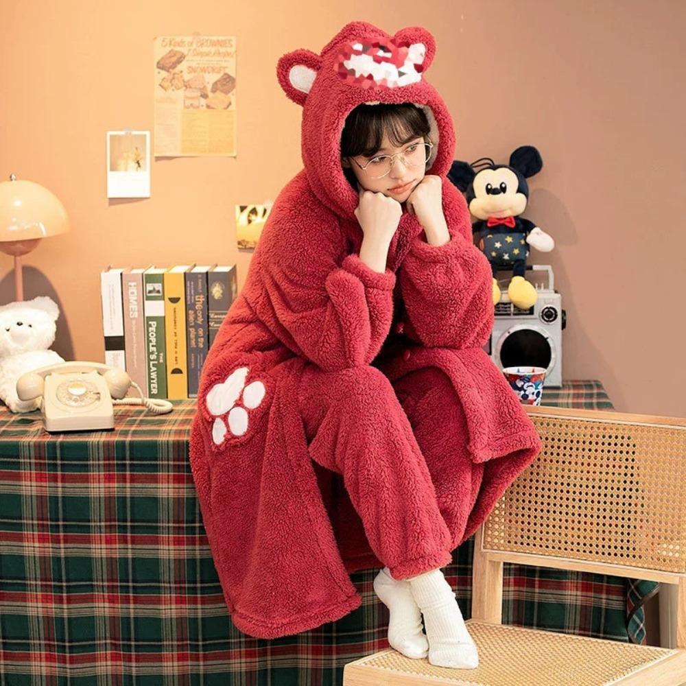 **Kadın Flanel Pijama Takımı Yuvarlak Yaka Jakarlı Uzun Peluş Kalın Sıcak Ev Giyimi**