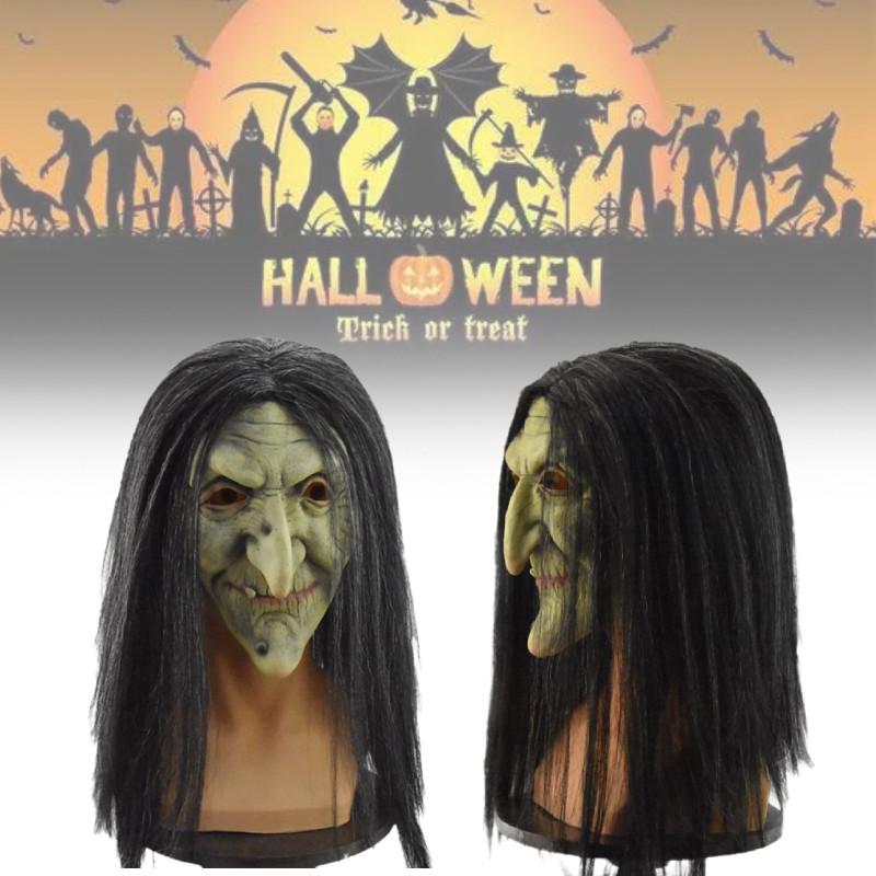 Classic Evil Witch Latex Mask For Halloween Party Costume With Scary Black Hair