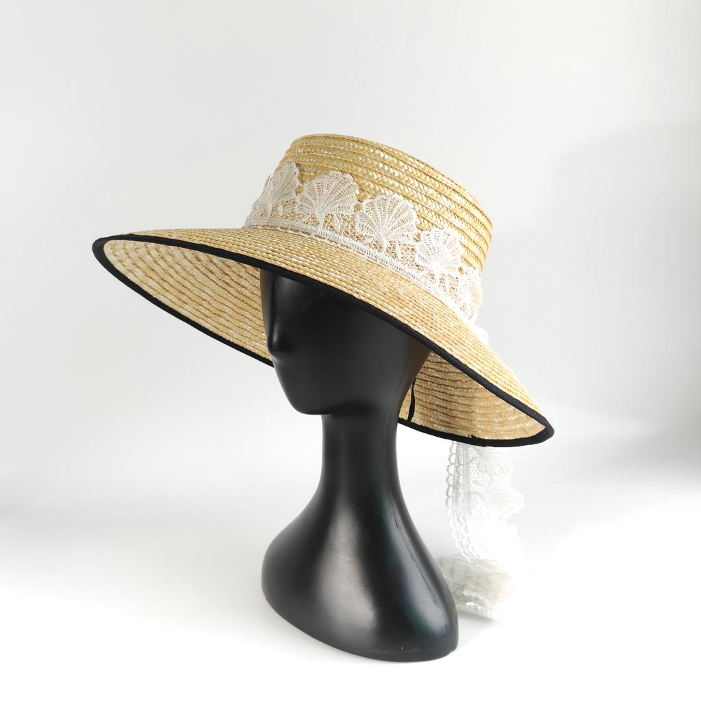 French Lace Ribbon Wheat Straw Hat Women summer Boater Beach Sun Cap Elegant Flat-Top Design with Wide Ribbon Bow Holiday Sunhat
