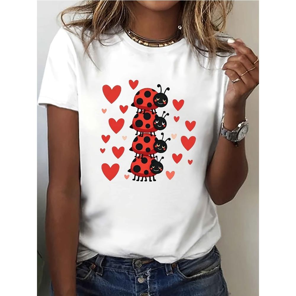 

Womens ShortSleeve TShirt Soft and Breathable Crew Neck Top Featuring Playful Ladybug and Heart Patterns Casual Wear 4XL