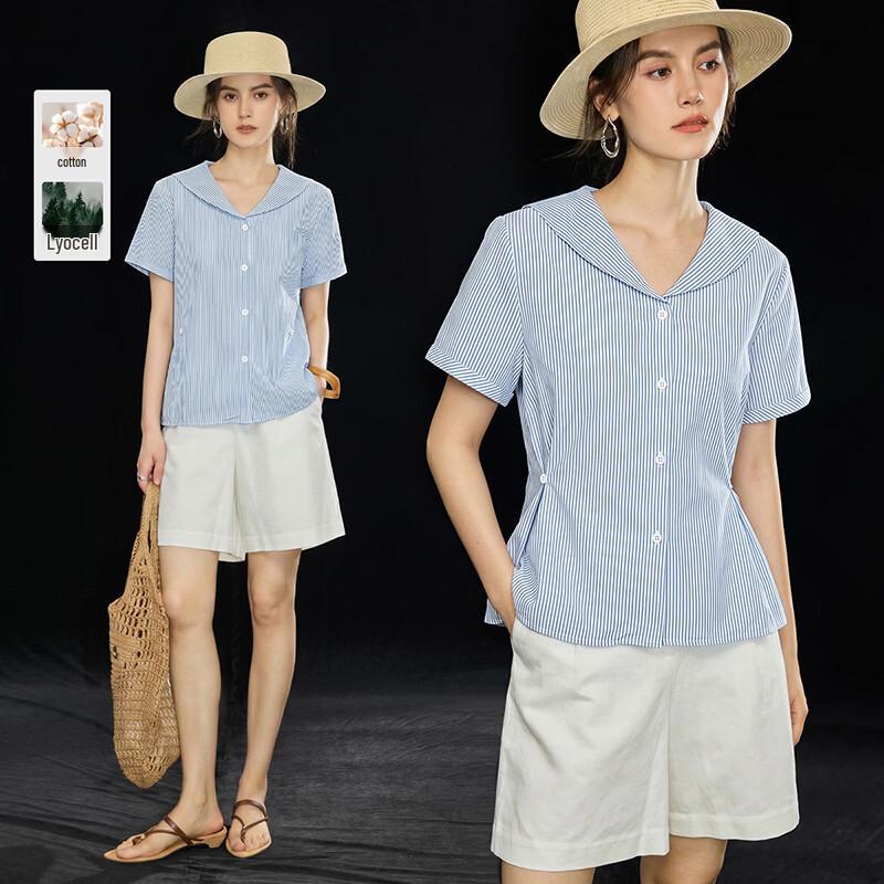 Women s Tencel Blend French Lapel Striped Casual Blouse L