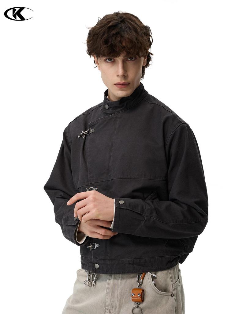 11KN Unisex Retro Distressed Workwear Jacket with Airplane Buckle and Wide Lapel