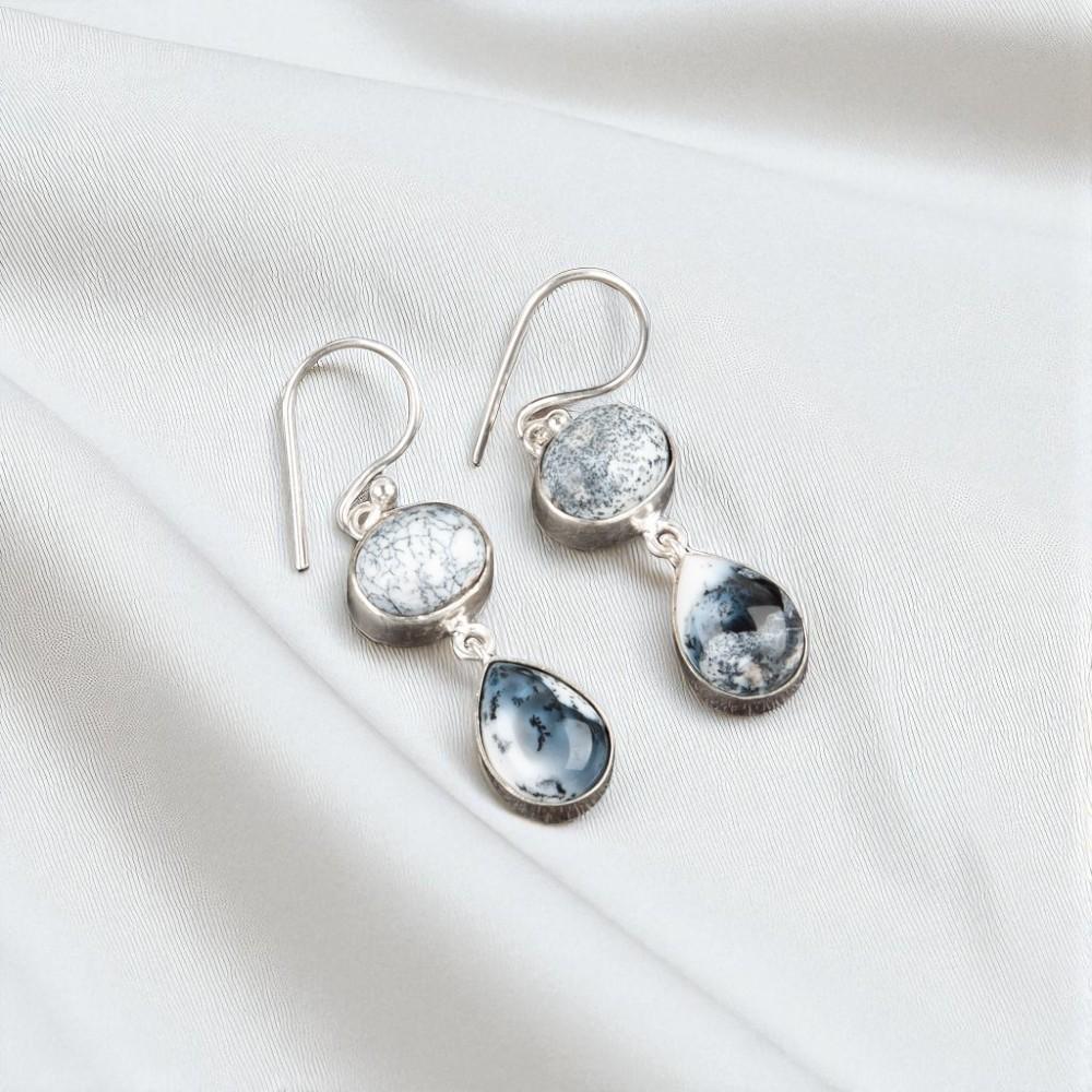 Rare Dendritic Opal Gemstone 925 Sterling Silver Jewelry Handmade Earrings 1.88" EE-73-14