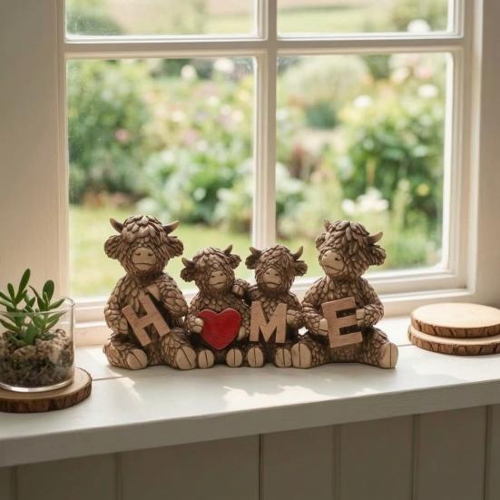 Decorative Accents for Bookshelf Highland Cow Family Figurine, Resin Cattle Statue Holding HOME Letter Sign, Stable Table Decoration Farmhouse