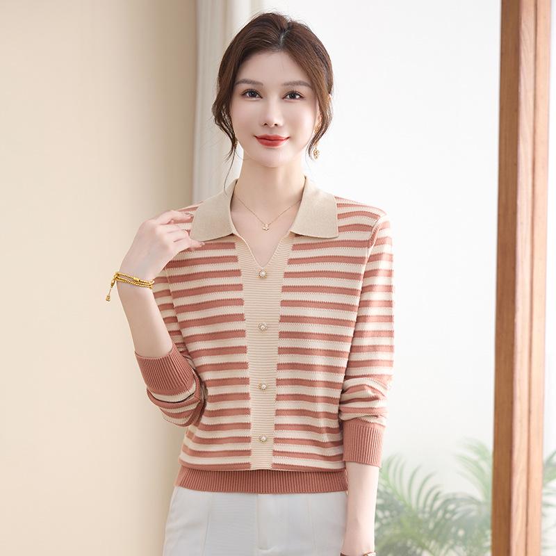 2026 Spring Fashionable Striped Knit Top for Mothers & Elderly Women, Lapel Sweater for Spring & Autumn