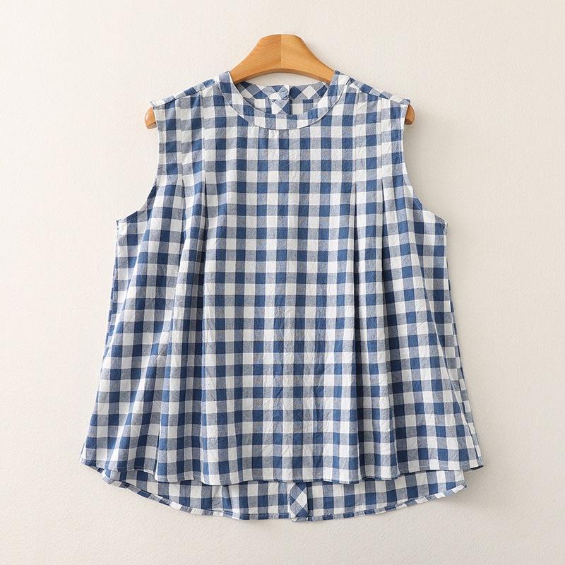 

2025 весна-лето новая синяя и белая хлопковая клетчатая рубашка женская свободная и тонкая круглая горловина без рукавов пуловер 2XL