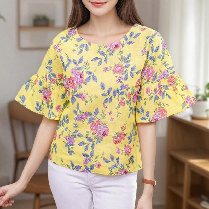 ZANZEA Women Casual Round Neck 3/4 Sleeve Loose Floral Blouse