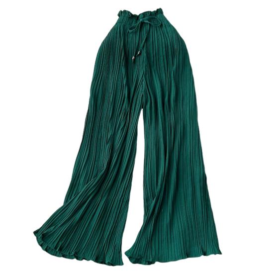 Women Pants Elastic Adjustable Drawstring Leg Trousers Pleated Style Wide High Waist Solid Color Casual Pants