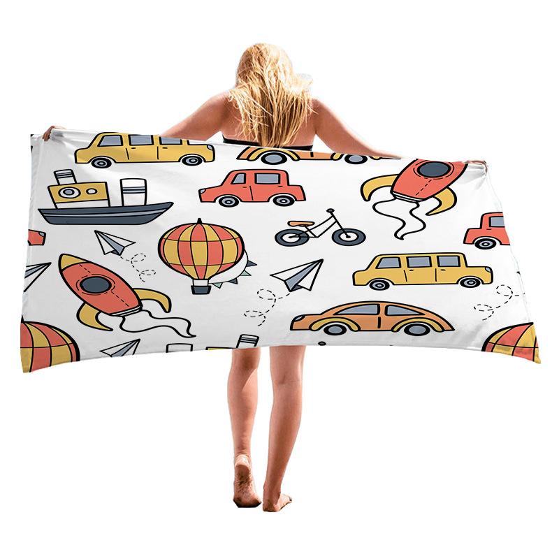Cartoon Car Design Digital-printed Polyester Superfine Fiber Double-sided Fleece Beach Vacation Bath Towel, Beach Towel