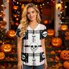 Damen V-Ausschnitt Kurzarm Arbeitshemd mit Taschen Halloween Print Pflegekraft Uniform Oberteil