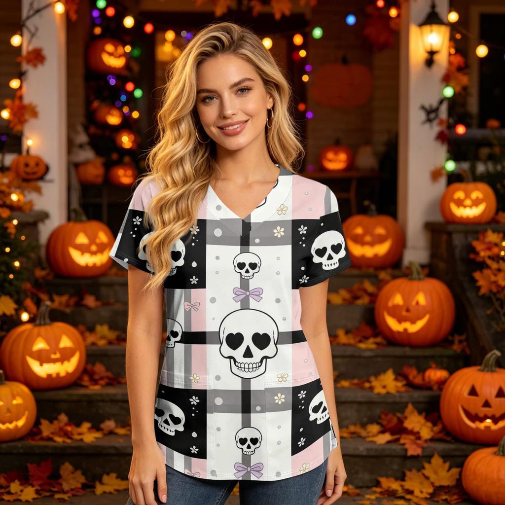 Damen V-Ausschnitt Kurzarm Arbeitshemd mit Taschen Halloween Print Pflegekraft Uniform Oberteil