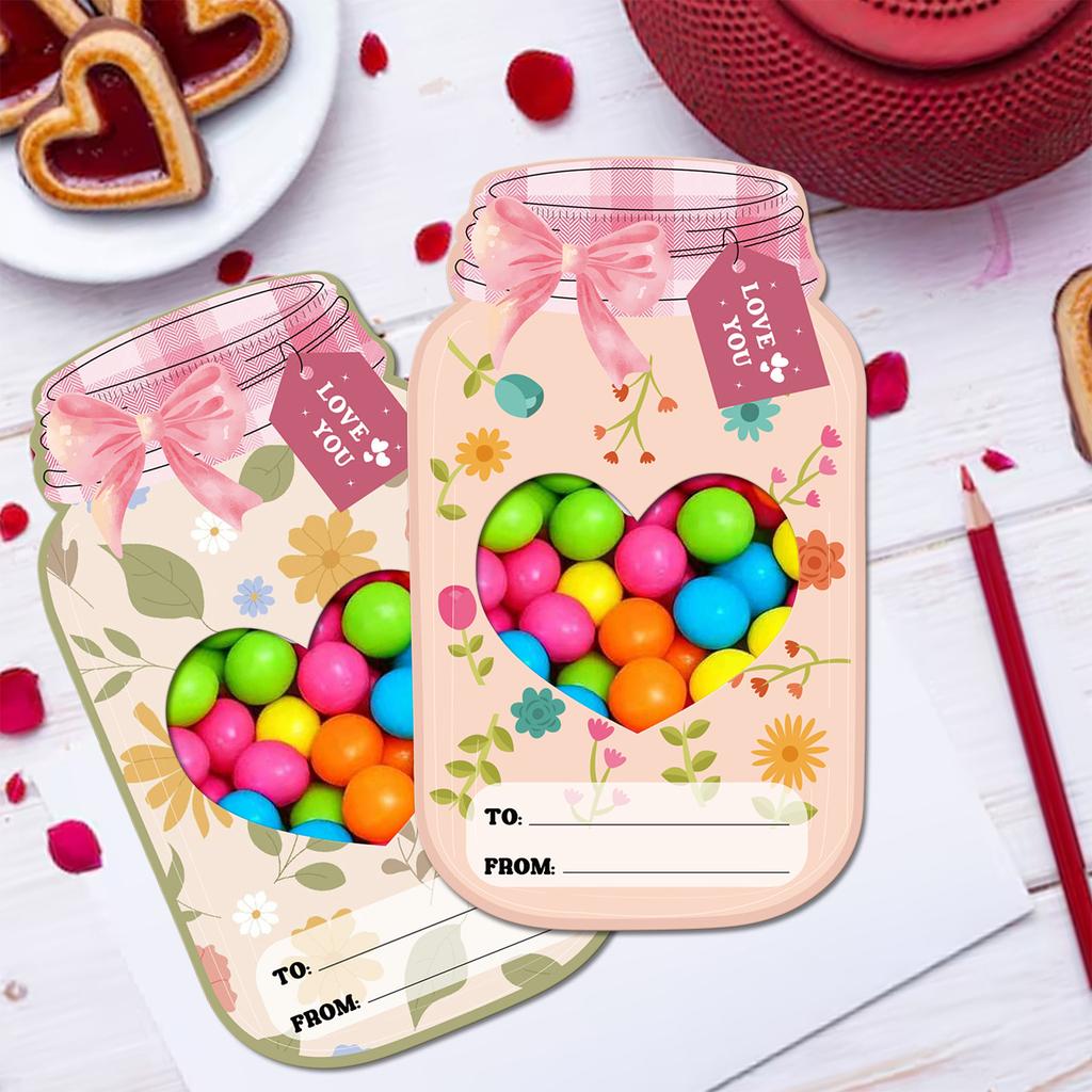 Candy Jar Paper Greeting Cards with Clear Seal Bag for Kid Birthday and Student Classroom Valentines Gift Exchanging