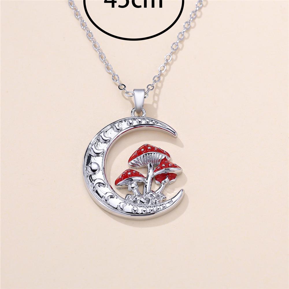 Female Red Enamel Moon Mushroom Pendant Necklace Vintage Silver Color Wedding Jewelry For Women