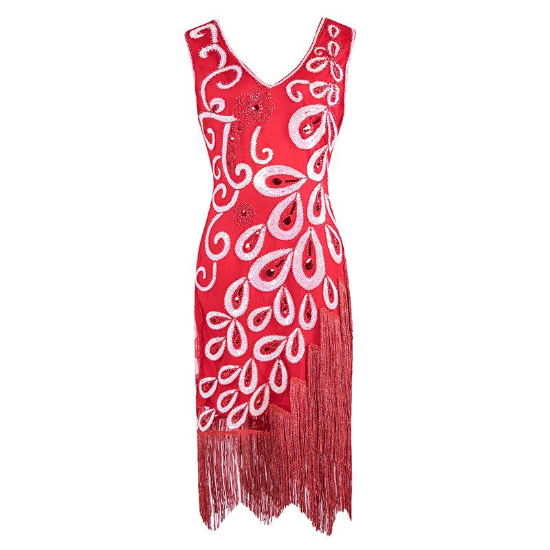 

New European and American heavy industry beaded peacock large size dress retro sequined fringed phoenix tail dress dress S красный