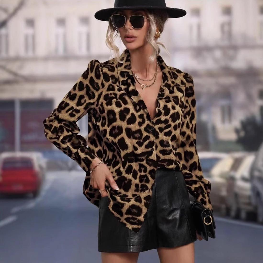 

Women s Leopard Print Puff Sleeve Slim Fit Fashion Top for Autumn Small