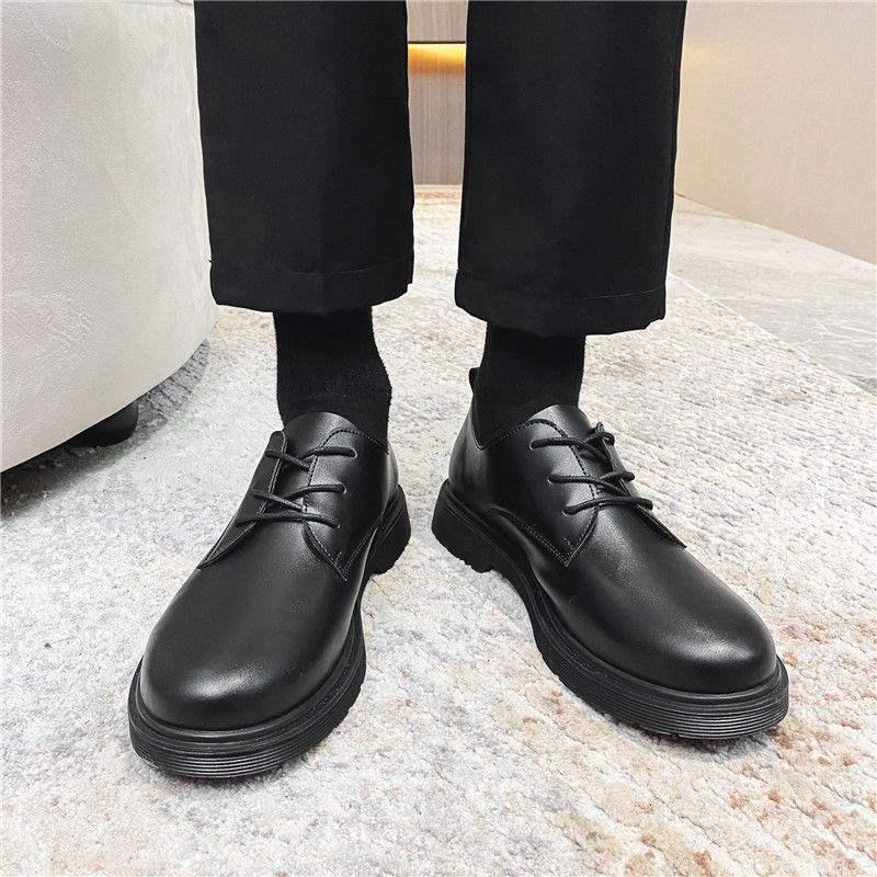 2025 Men's Black Round Toe Leather Shoes - British Style, Korean Trend, Formal & Casual