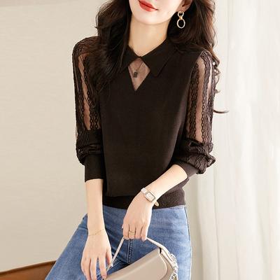 Long Sleeve Shirt Women's New Spring and Autumn Beautiful Lace Top with Bottom Shirt Knitted Sweater