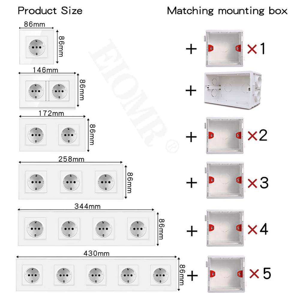 EIOMR EU Standard 16A Tempered Crystal Glass Panel Wall Socket Power Outlet Electrical Plug with Usb 5V 2100mA Ac110-250V White