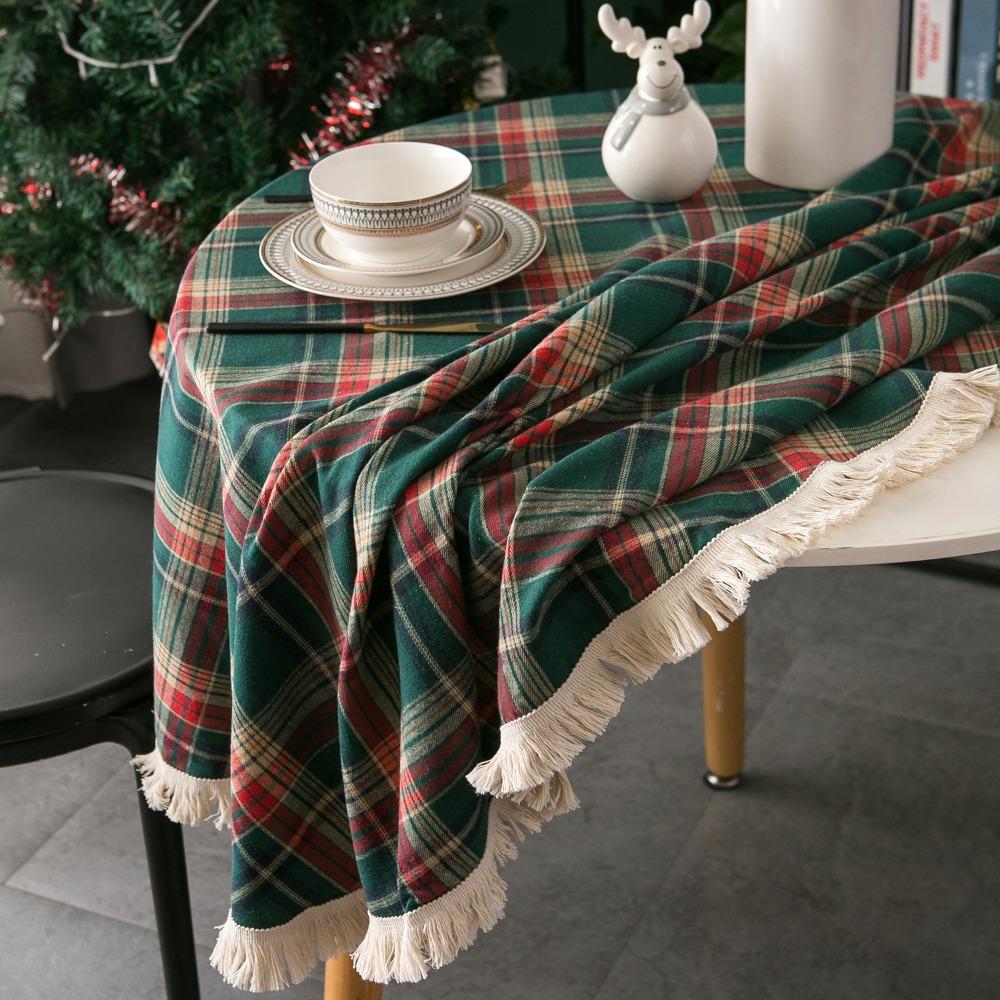 Christmas Plaid Tablecloth Round Fringed Cotton Fabric Holiday Dining Decor American Style