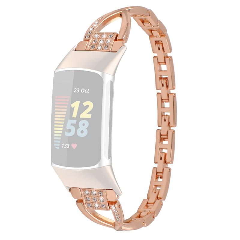 

For Fitbit Charge 6/5 Rhinestones Decor Cross Design Metal Watch Strap Replacement Wrist Band Rose Gold