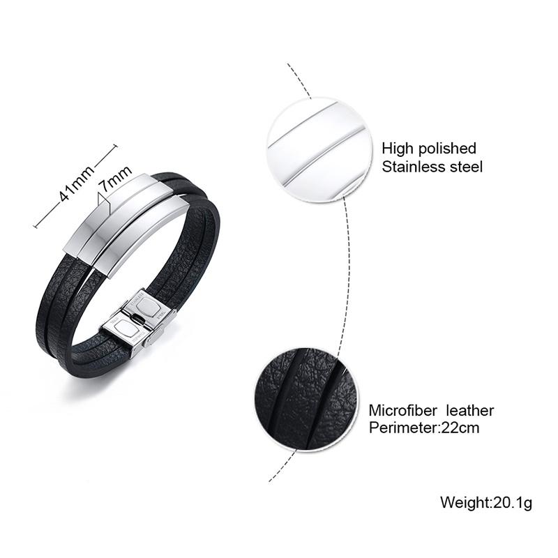 Personalized Mens Black Leather Bracelets ID Tag Customized for Men Women Dad Bracelets Wristband