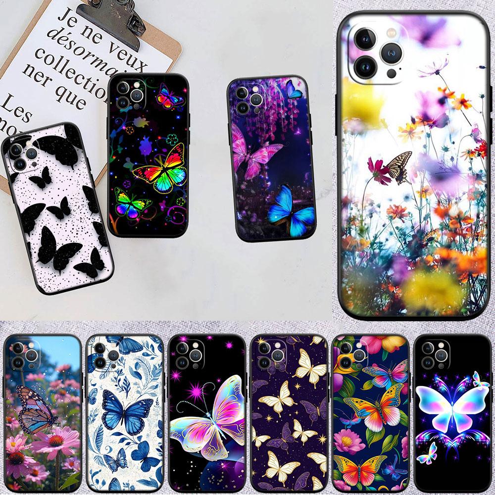 FM17 Colorful Butterfly Soft Shell Phone Case for iPhone 16 15 14 13 12 Pro Max Plus Mini