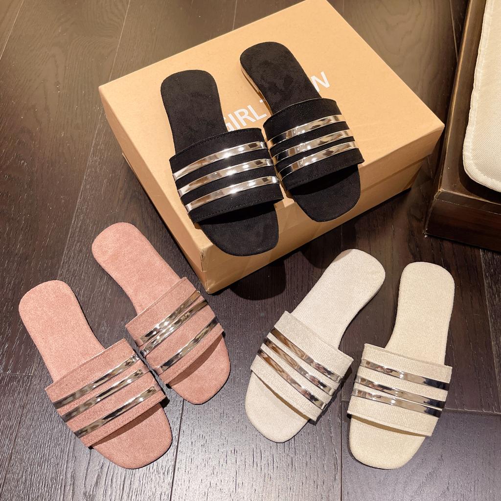 Mode 2024 Damen Hausschuhe Neue Metallgestreifte Sommer Flache Schuhe Mode Slipper Outdoor Damen Lässige Damensandalen Übergröße 43