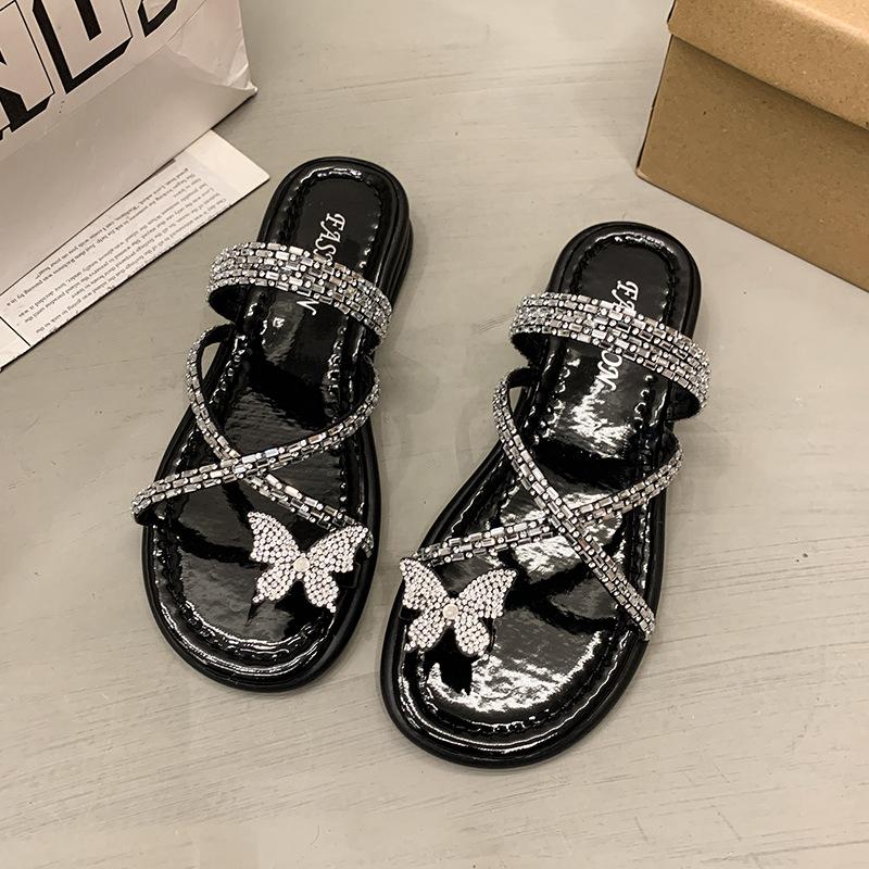 Summer new cool slippers flat-bottomed fashion women's rhinestones with Roman tide bow one-word beach women's shoes
