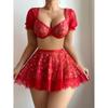 Thin sexy lace mesh print top short skirt pajama set sexy perspective floral underwear
