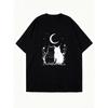 Oversized T Shirt Black Two Cats Under Moon And Stars Print Casual Wear For Women Summer Outfit Streetwear Fashion Top