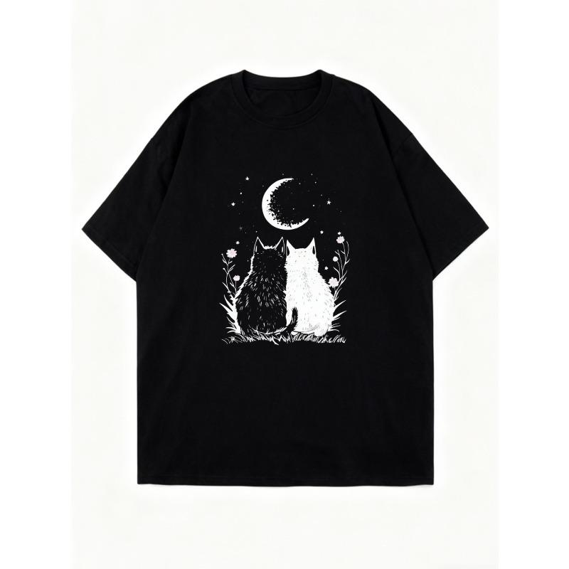 Oversized T Shirt Black Two Cats Under Moon And Stars Print Casual Wear For Women Summer Outfit Streetwear Fashion Top