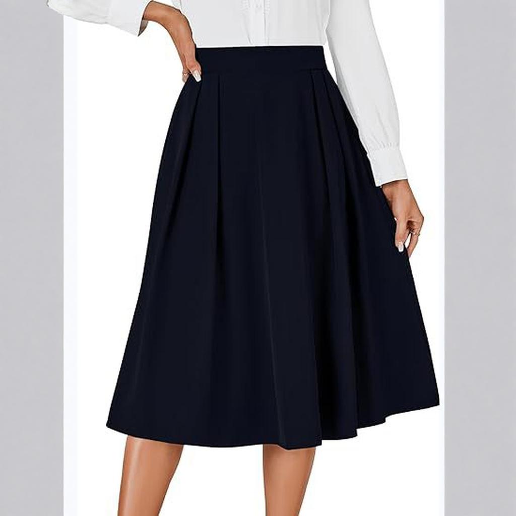 Women's Retro High-waisted Pleated Back Tie Flared A-line Midi Skirt