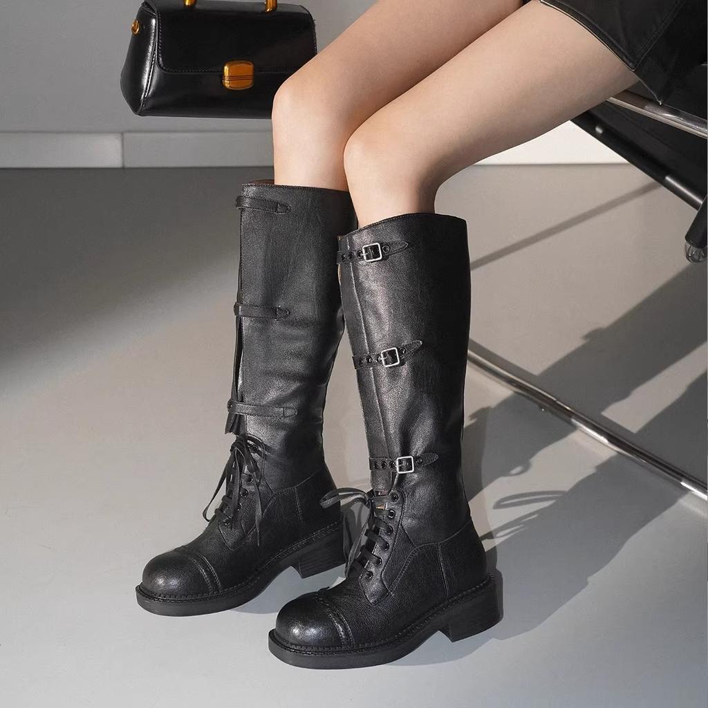 Sheepskin Version~ Retro But Knee Boots Women's Thick Heel Knight Western Cowboy Boots Show Legs Thin Fashion Boots